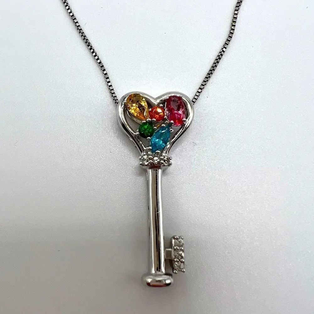 .925 Sterling Silver and gemstone/CZ key necklace